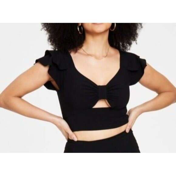 Bar III Womens Size 0 Black Ruffle Sleeve Keyhole Crop Top New With Tags - Picture 1 of 8